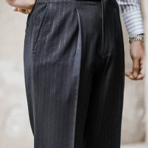 Casual high-waisted trousers, men's autumn business, Neapolitan striped pants, business Parisian buckle vintage suit pants – Image 5