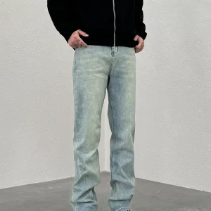 KISSNATE High Street VIBE Male and Female Couples Versatile Casual Straight Wash Blue Distressed Micro Stretch Jeans – Image 5
