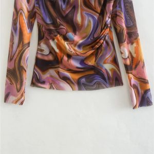 Spring Summer New European and American Women's Round Neck Long Sleeve Printed Silk Net Top Wholesale Tight Fashion Urban T-Shirt – Image 3