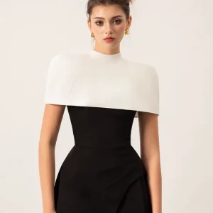 High-end black and white contrasting dress, Vietnamese designer, detachable cape, small dress, temperament, thin long skirt woman – Image 3