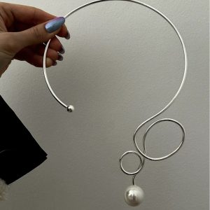 Plain ring bow European and American jewelry women's ins water drop imitation pearl fashion punk metal collar – Image 3