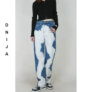 Special clearance Loose blue and white tie-dye high-waisted straight-leg skinny denim trousers women's Korean version shows long legs – Image 3