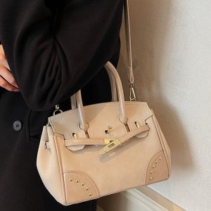 High-end platinum bag women's 2024 new retro fashion temperament contrasting soft girl crossbody bag hand-held Kelly bag – Image 3