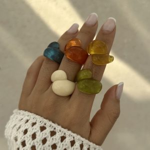 European and American cross-border jewelry Fashion geometric multi-color closed finger ring Irregular double water drop plastic ring – Image 3