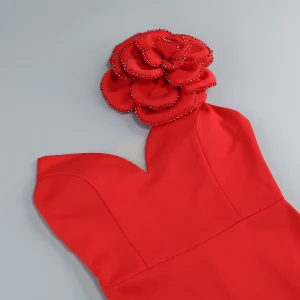 2024 New Red Single Shoulder Flower Diamond Trim Midi Casual Dress Goddess Fan Wedding Catwalk Evening Dress – Image 6