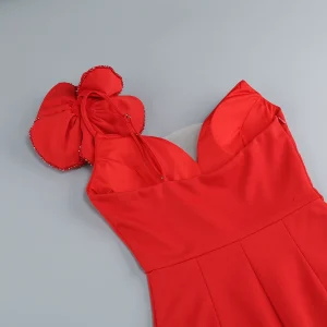 2024 New Red Single Shoulder Flower Diamond Trim Midi Casual Dress Goddess Fan Wedding Catwalk Evening Dress – Image 7
