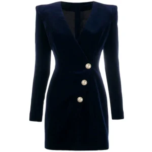 2024 Spring and Autumn New Fashion Solid Color V-Neck Long Sleeve Metal Button Warm Velvet Slim Fit Dress Dress – Image 5