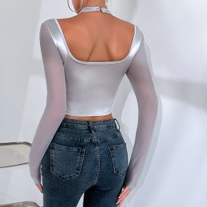 European and American foreign trade street babes low-cut sexy see-through mesh stitching halterneck wearing long-sleeved tops female K0508 – Image 7