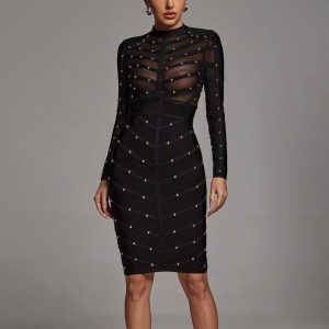 Cross-border e-commerce, European and American foreign trade, women's clothing, heavy industry, nailing, see-through mesh, long-sleeved dresses, bandage dresses, and popular models