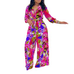 D3274 Foreign Trade Women's Clothing Amazon New Fashion Print Two Piece Lapel Tie Shirt Wide Leg Pants Set – Image 5