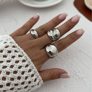 European and American cross-border jewelry ins niche texture glossy ring set exaggerated geometric opening ring girl – Image 3