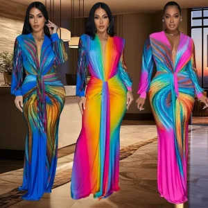 C6952 European and American fashion women's pleated color-blocked casual dress long
