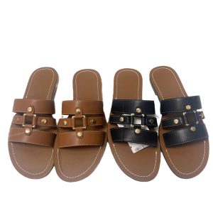 ZA2024 Autumn New Arrival Women's Shoes Black Leather Metal Belt Decoration Straight Flat Breathable Casual Sandals Cross Border Women – Image 5