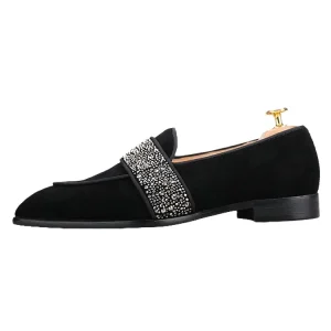 Summer new black nubuck leather square toe men's loafers handmade custom rhinestone slip-on smoking shoes – Image 3