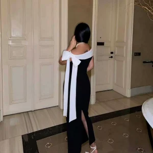 European and American foreign trade temperament sexy slim sleeveless diagonal collar temperament dress solid color lace step skirt Dress – Image 3