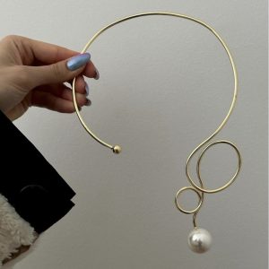 Plain ring bow European and American jewelry women's ins water drop imitation pearl fashion punk metal collar – Image 4