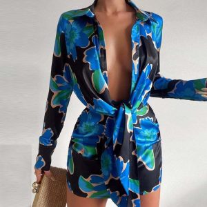 Cross-border new women's clothing temperament sexy V-neck long sleeve lace-up short dress 661 – Image 4