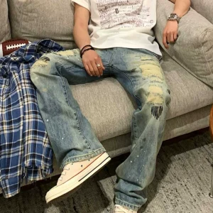 American high street retro ripped jeans men's washed high quality splash ink tie-dye stacked pants vibe tide – Image 4