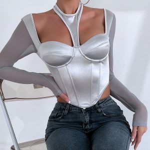 European and American foreign trade street babes low-cut sexy see-through mesh stitching halterneck wearing long-sleeved tops female K0508 – Image 6