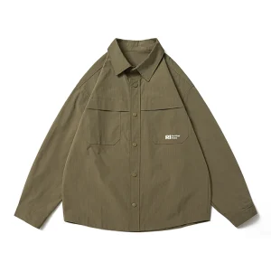 Retro workwear style long sleeve shirt men's lapel casual shirt small coat worn over top windbreaker jacket – Image 5
