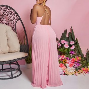 Europe and America Fashion Sexy Chain Halterneck High Waist Sexy Open Back Wide Leg Press-Pleated Jumpsuit – Image 6