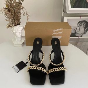ZAR 2024 Spring New Arrivals Women's Shoes Square Toe Open Toe Strap High Heeled Sandals Iron Chain Buckle Hollow Heels – Image 4