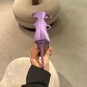 Purple satin high heels women's spring summer 2024 new strappy stiletto gold sandals open toe sexy dress shoes – Image 4