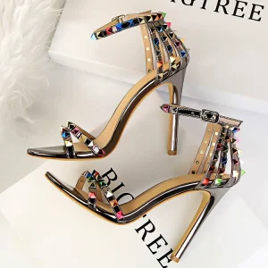 Europe and the United States Roman style banquet women's shoes with stiletto ultra-high heels hollow word with color matching color rhinestone rivet sandals – Image 3