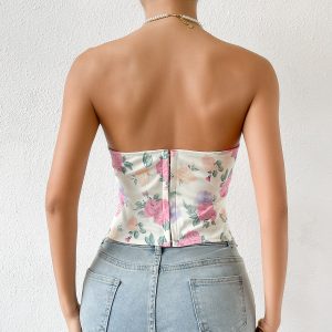 Cross-border sexy babes low cut backless flowers wrapped breasts diamond fishbone corset European and American small vest L0033 – Image 3