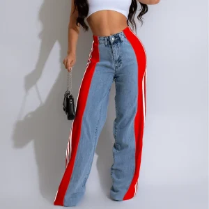 Fashion stitched three-stripe wide-leg denim trousers women's new casual high-waisted stretch straight-leg pants – Image 3
