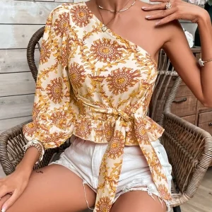 One Shoulder Tops print one-shoulder, balloon-sleeve, ruffle-hem, drawstring shirt, lace-up top – Image 4
