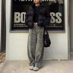 New American retro street straight wide-leg pants washed distressed leopard print jeans women's Jeans – Image 4