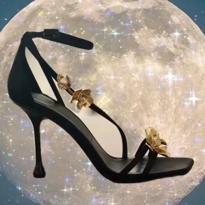 High heels women's gold flower square toe stiletto step by step flower shoes with sexy open toe design sandals – Image 3