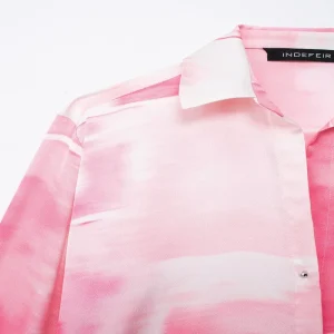 24 Summer New Women's Single Breasted Long Sleeve Loose Versatile Tie-Dye Trim Roll-Neck Shirt Top 0387063 – Image 3