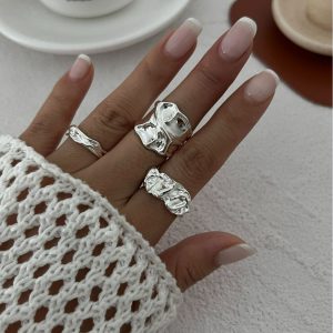 European and American cross-border jewelry ins niche texture glossy ring set exaggerated geometric opening ring girl – Image 4