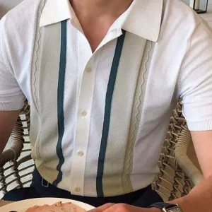Foreign trade men's 2024 summer men's knitwear lapel casual striped polo shirt tide Men's T-shirt