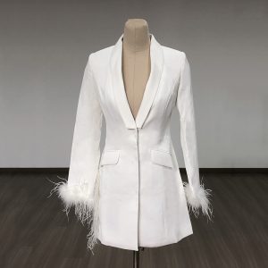 Feather blazer dress Panelled sequins, slit, wrap hip skirt, – Image 9