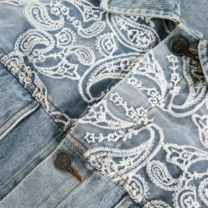 GU LIANG "Designer Brand" good things select American cashew fruit flower lace stitched denim jacket trend – Image 4