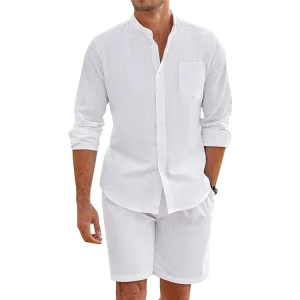 Cotton Linen Long Sleeve Shirt + Shorts Summer Men Two-Piece – Image 6