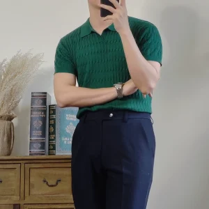 Summer men lapel short sleeve twist slim polo shirt versatile Korean version casual solid color T-shirt business knit – Image 5