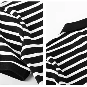 Striped polo shirt men's summer loose Japanese lapel short sleeve T-shirt trendy retro black and white half-sleeved cotton Paul – Image 5