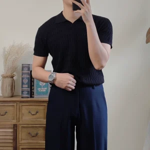 Summer men lapel short sleeve twist slim polo shirt versatile Korean version casual solid color T-shirt business knit – Image 3