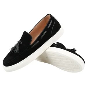 Black imported first-layer nubuck leather slip-on casual board shoes, men's handmade cowhide tassels, classic white platform shoes – Image 3
