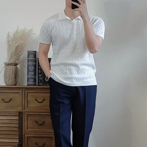 Summer men lapel short sleeve twist slim polo shirt versatile Korean version casual solid color T-shirt business knit – Image 4