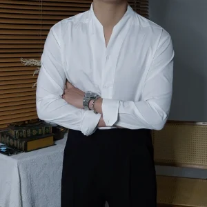 CHAT White V-Neck Slim Long Sleeve Casual Shirt Men's Inch Shirt British Design Gentleman No Ironing Premium Shirt – Image 4