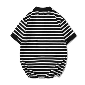 Striped polo shirt men's summer loose Japanese lapel short sleeve T-shirt trendy retro black and white half-sleeved cotton Paul – Image 4