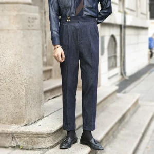 Casual Italian vintage Neapolitan denim straight-leg trousers for men gentleman British business high waist casual suit pants – Image 4