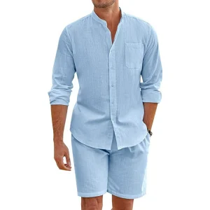 Cotton Linen Long Sleeve Shirt + Shorts Summer Men Two-Piece – Image 5