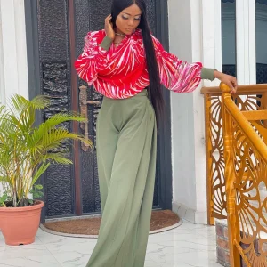 New Fashion Two Piece Set European and American Autumn Print Balloon Sleeve Shirt Wide-leg Pants Set – Image 4
