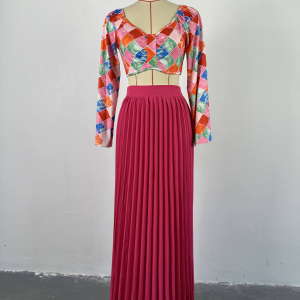 European and American print bell sleeve top, pleated skirt, casual set, women skirt+shirts set – Image 4